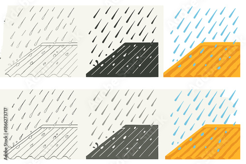 Rain on Metal Roof. Diagonal roof section under steady rain, droplets bouncing and sliding along metal grooves, calm atmospheric