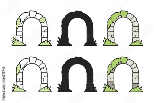 Mossy Stone Arch. Stone arch partially covered with moss, representing resilience and nature’s reclamation, clean architectural