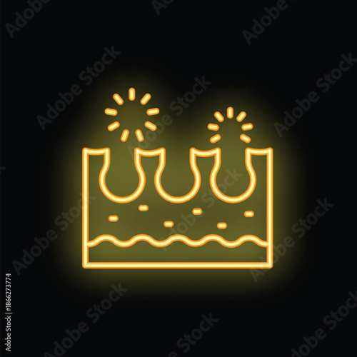 Yellow neon icon of skin open pores with dirt and shine on black background representing skincare and dermatology