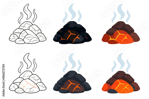 Glowing Peat Embers. Close-up of glowing peat embers releasing faint blue smoke, clean organic composition evoking quiet evening