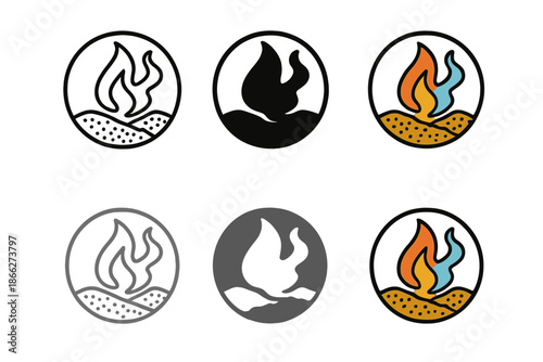 Elemental Emblem Design. Abstract circular emblem merging flame, smoke, and peat texture, representing endurance of old stories