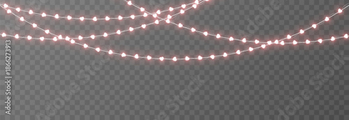 Garland with glowing hearts. Garland with hearts PNG. Light bulbs on the garland in the shape of hearts. Decoration for Valentine’s Day.
