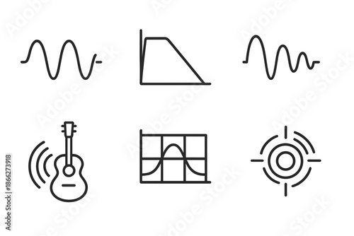 Sound Dynamics Icons. Line style icons of Sound Dynamics in Guitars: resonance wave, tone envelope, sustain curve, frequency