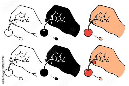 Cherry Pit Launch. Close-up of hand holding cherry stem preparing to launch pit, balance of anticipation and motion, first in line