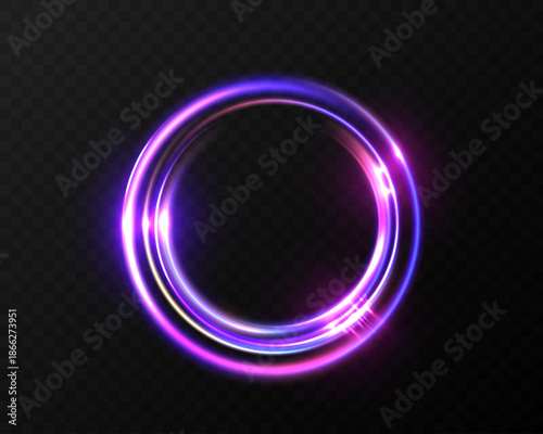 Glowing neon circular light ring with purple and blue energy glow isolated on transparent backgrounds