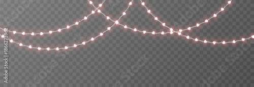 Garland with glowing hearts. Garland with hearts PNG. Light bulbs on the garland in the shape of hearts. Decoration for Valentine’s Day.