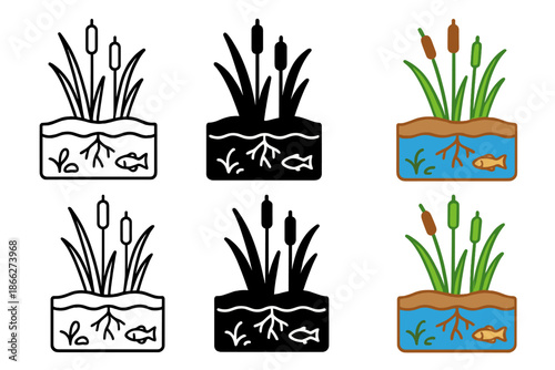 Wetland Ecosystem Illustration. Simplified cross-section of wetland ecosystem showing cattails, roots, and aquatic habitat layers,