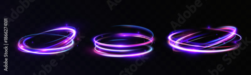 Glowing neon energy swirl rings with purple and blue light trails isolated on transparent backgrounds