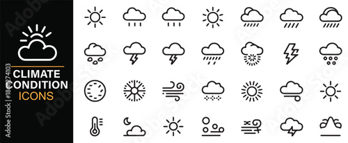 Climate condition and meteorology outline icons set
