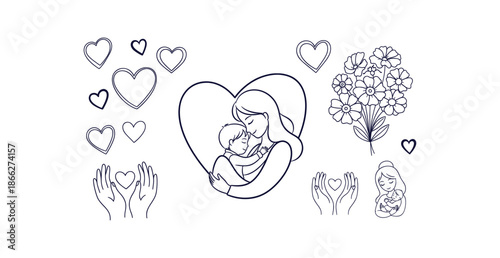 Minimalist Continuous Line Art Motherhood Love Vector Design Collection for Mother's Day