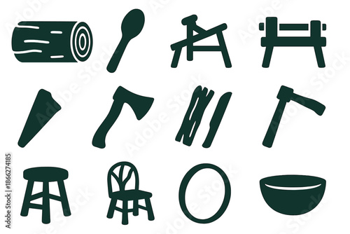 Green Woodworking Icons. Solid style icons of green woodworking: fresh timber log, wooden spoon blank, shaving horse, pole lathe,