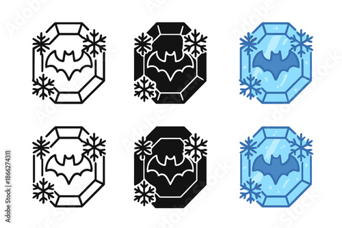Frozen Bat Gemstone. Frozen gemstone engraved with a bat motif and delicate snowflake edges, clean geometric vector icons, first