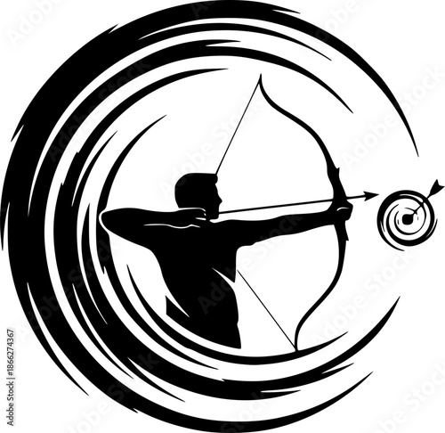 Silhouette of Archer Aiming with Bow and Arrow Inside a Swirling Artistic Circle Design