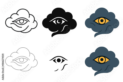 Eye in Storm. Eye peering through a dark swirling storm cloud, elegant minimal vector design, first in line style with thin