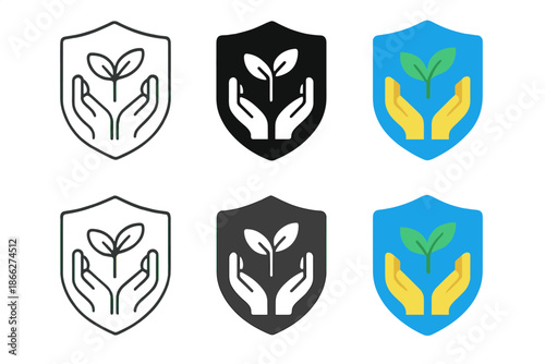 Hands Shielding Plant. Protective shield made of overlapping hands supporting a sprouting plant, clean geometric vector icons,