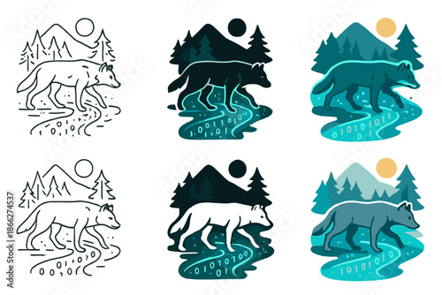 Digital Wolf Journey. Wolf walking along a river path shaped from glowing digital code, smooth modern vector illustration, first