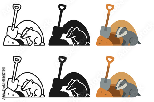 Badger and Shovel Styles. Badger Sett Shovel, earthy woodland icon showing a badger near its burrow with a shovel planted in soft