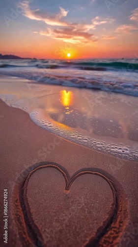 Heart drawn in sand at sunset by the ocean with waves rolling in. Valentines day. Romantic background