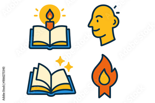 Modern Minimalist Icons. Flat vector icons of clarity and reflection: candle glow over open notebook, nodding head with spark of