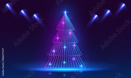 Neon Christmas Tree on Dark Purple Background. Vector clip art for your holiday project. Christmas tree with neon light and light spots. New Year's banner, poster, postcard. Christmas logotype