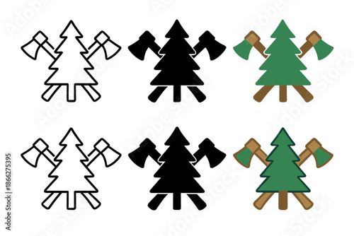 Lumberjack Emblem Designs. Crossed axes behind pine silhouette symbolizing lumberjack emblem, strong symmetry, first in line style