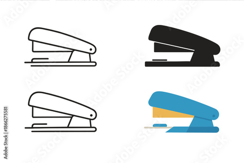 Stylized Stapler Art. Stapler side view showing hinge and base, paper being joined below, clear structural form, first in line