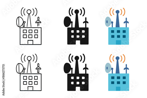 Diverse Antenna Designs. Communication antennas cluster on a city building, first in line style with thin outline, second in solid