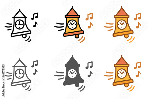 Clock Tower Symphony. Clock tower bell with motion lines and musical notes, first in line style with thin outline, second in solid