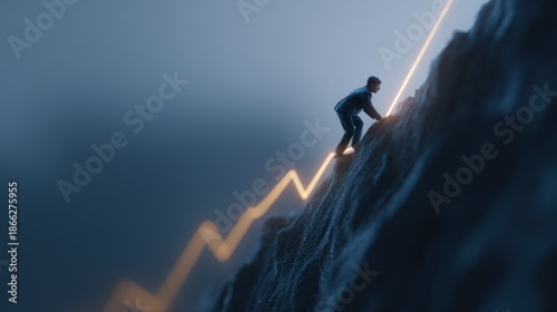 Man climbing mountain with growing line