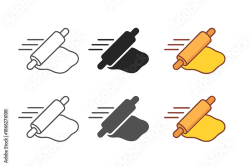 Rolling Pin Styles. Rolling pin flattening dough on surface with motion lines, first in line style with thin outline, second in