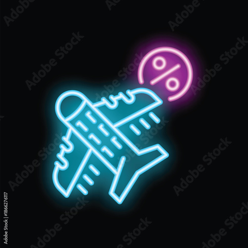 Neon airplane taking off with percent symbol representing discount travel, tourism and cheap flights