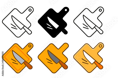 Cutting Board Styles. Stylized cutting board icon with knife and motion lines showing chopping, first in line style with thin