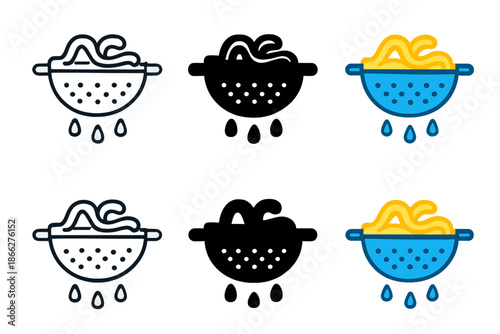 Stylized Colander Variations. Stylized colander icon with pasta and animated water droplets falling, first in line style with thin