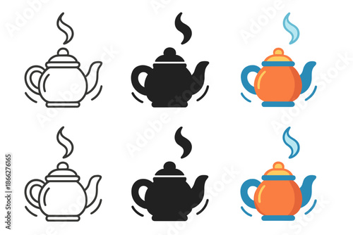 Teapot Steam Variations. Close-up teapot with steam curling upward and motion arcs, first in line style with thin outline, second