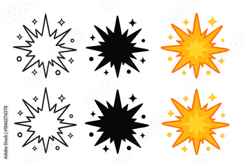 Starburst Explosions Variations. Starburst explosion with glowing spark particles first in line style with thin outline, second in