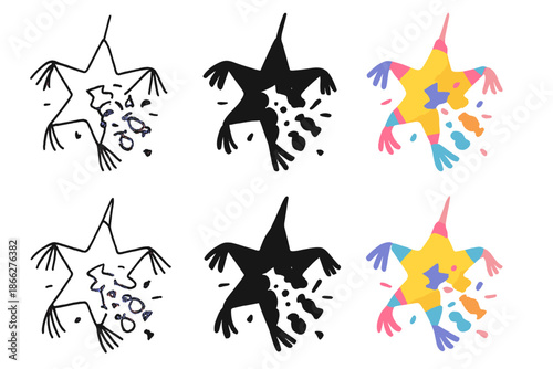Star Pinata Styles. Star-shaped pinata bursting open mid-swing first in line style with thin outline, second in solid style filled