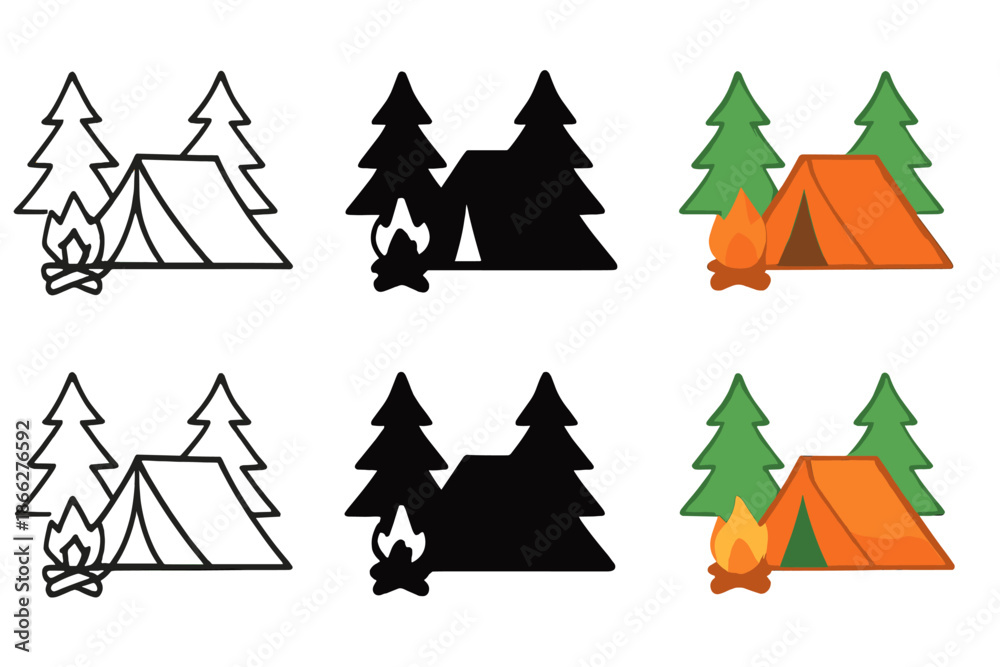 Obraz premium Colorful Campsite Illustration. Two tents near campfire surrounded by pine trees first in line style with thin outline, second in