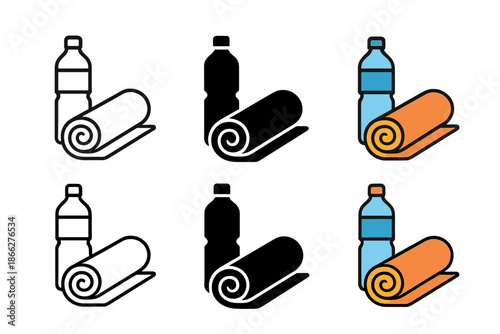 Yoga Mat Styles. Rolled yoga mat beside water bottle first in line style with thin outline, second in solid style filled shape,