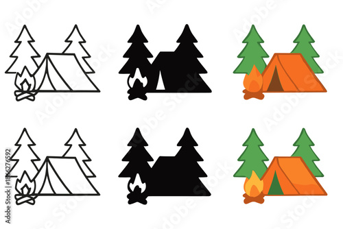 Colorful Campsite Illustration. Two tents near campfire surrounded by pine trees first in line style with thin outline, second in