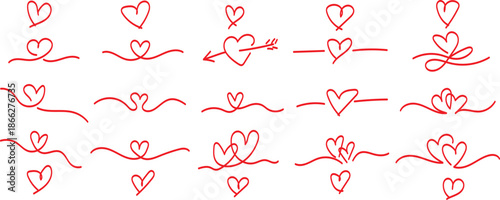 Heart hand drawn doodle sketch line art banner frame love cute wedding valentine ribbon vector. A collection of charming hand-drawn red heart shapes and wavy line doodles, perfect for adding a touch