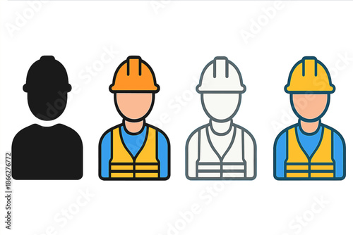 Stylized Worker Series. Helmet Vest Worker first in line style with thin outline, second in solid style filled shape, third in