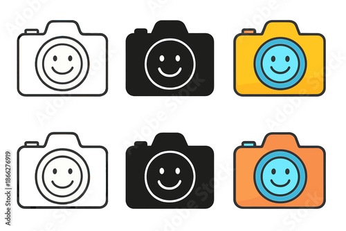 Camera Icons Array. Camera Snap Smile first in line style with thin outline, second in solid style filled shape, third in flat