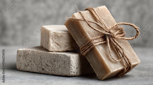 Three textured, rectangular soap bars, one tied with twine, on a grey textured background