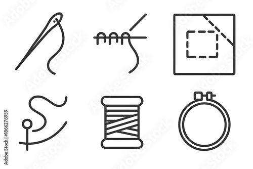 Textile Repair Icons. Line style vector icons of textile mending: repair needle, reinforced stitch run, patched fabric corner,