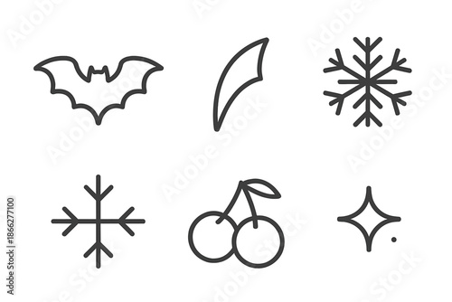Nocturnal Harvest Icons. Line style vector icons of nocturnal flake harvest: bat silhouette, wing arc line, symmetric snow crystal