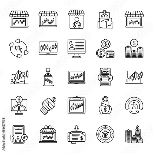 Stock trading outline icon set vector for financial market platforms