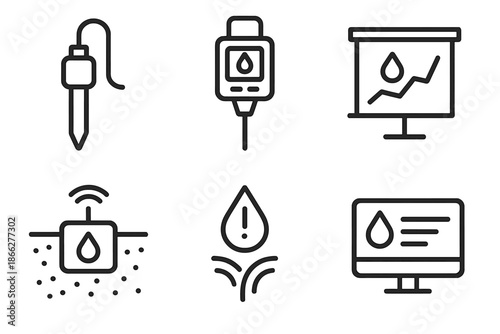 Moisture Sensor Icons. Line style icons of moisture level sensors: soil probe, droplet gauge, humidity chart, underground sensor