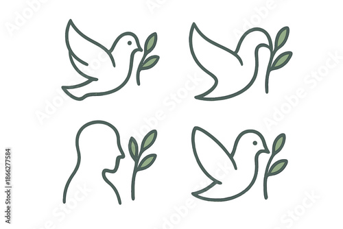 Dove Nearing Tranquil Branch. Icons for: a dove’s arc nearing a tranquil sprig, a smooth wing curve aligning with a soft branch, a
