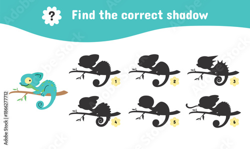 Find correct shadow chameleon. Vibrant lizard sitting on tree branch. Chameleons shadows set. Children educational play with cartoon animal, nowaday vector template