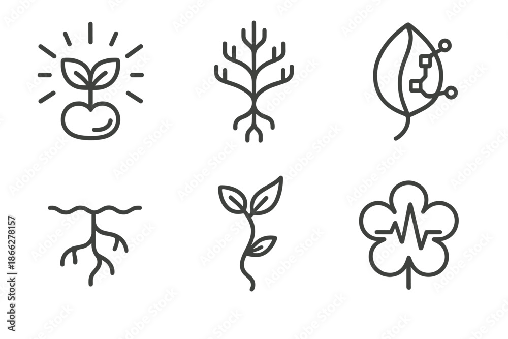 Obraz premium Bio-Digital Bloom Icons. Line style icons of Bio-Digital Bloom: radiant seedling, glowing vein, hybrid petal, fluid root, electric